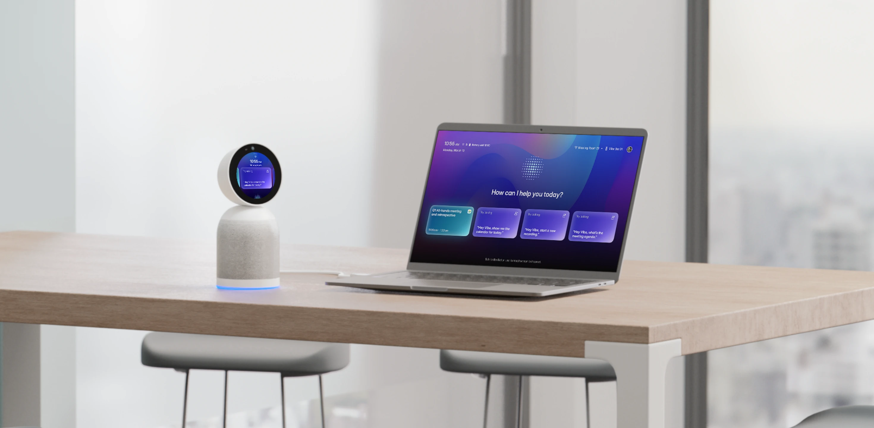 A pro-grade 360° camera that captures the whole room <br />– and quietly handles meeting notes in the background, with or without a laptop.