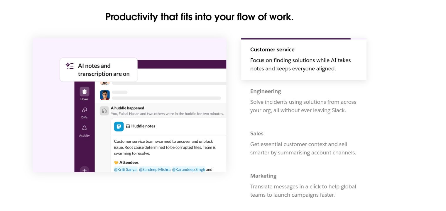 Screenshot of Slack highlighting AI-driven meeting notes and real-time collaboration across teams.