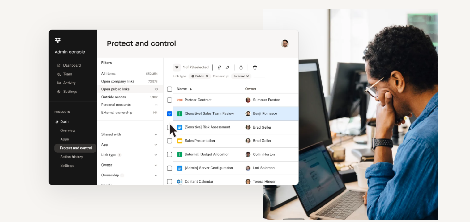 Screenshot of Dropbox's platform interface showing file management solutions.