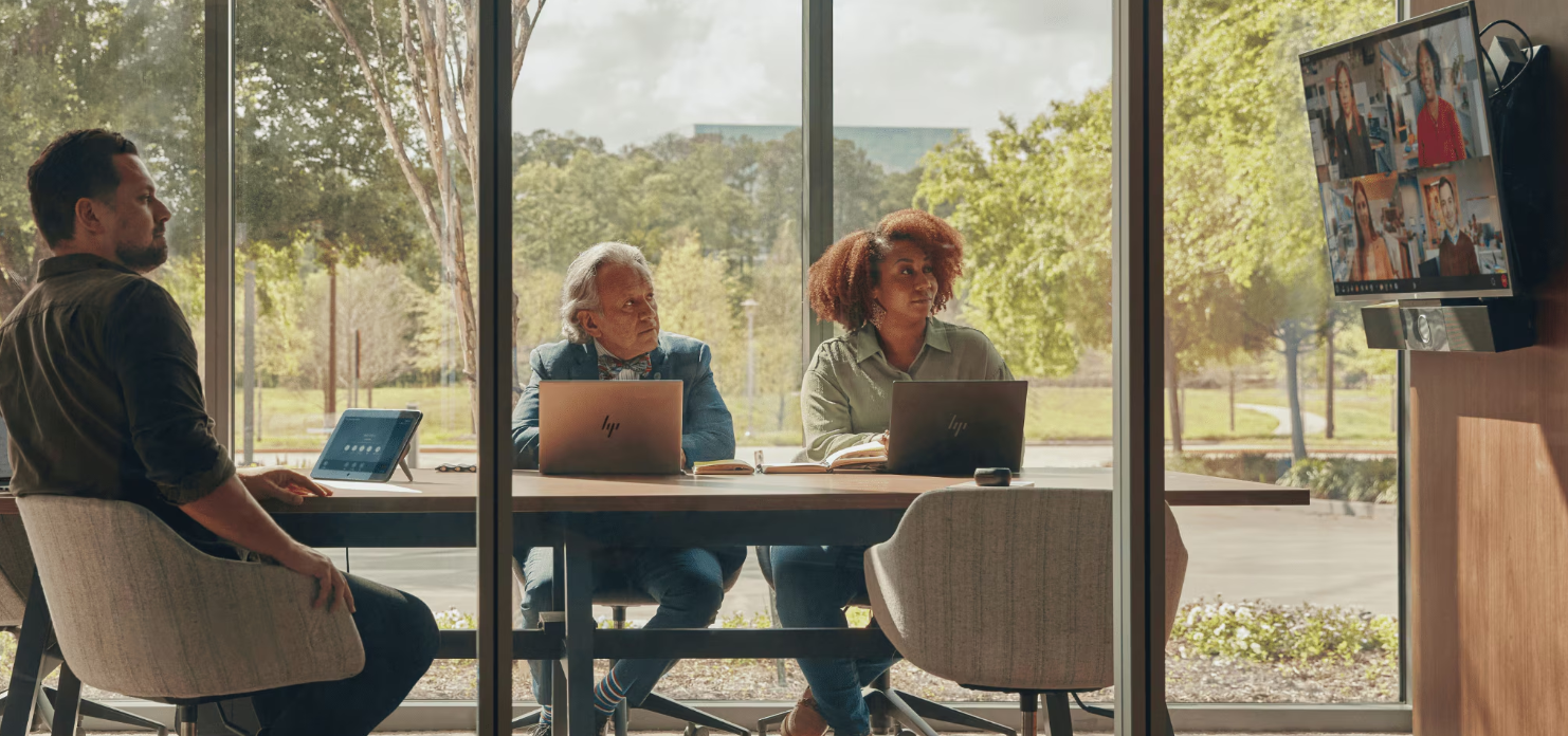 Screenshot of HP Poly Studio USB Video Bar enabling professional hybrid meetings with built-in camera and audio.