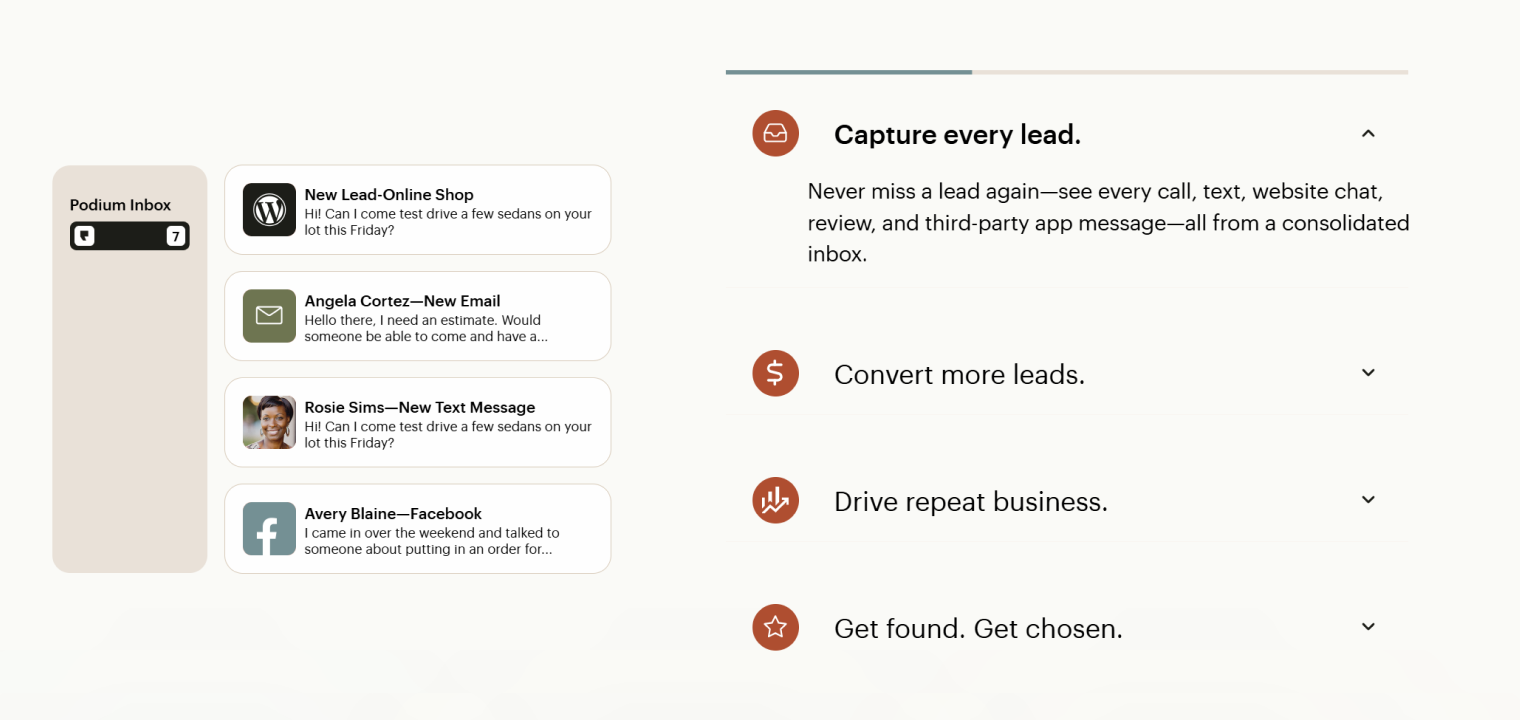 Screenshot of Podium highlighting unified lead capture across multiple communication channels.