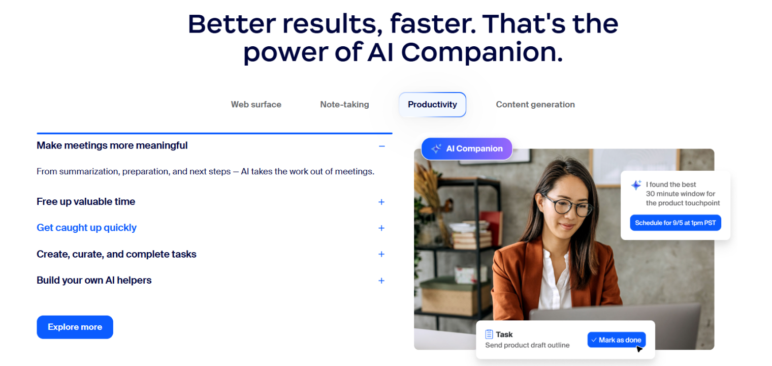 Screenshot of Zoom Workplace's platform interface showing AI features.