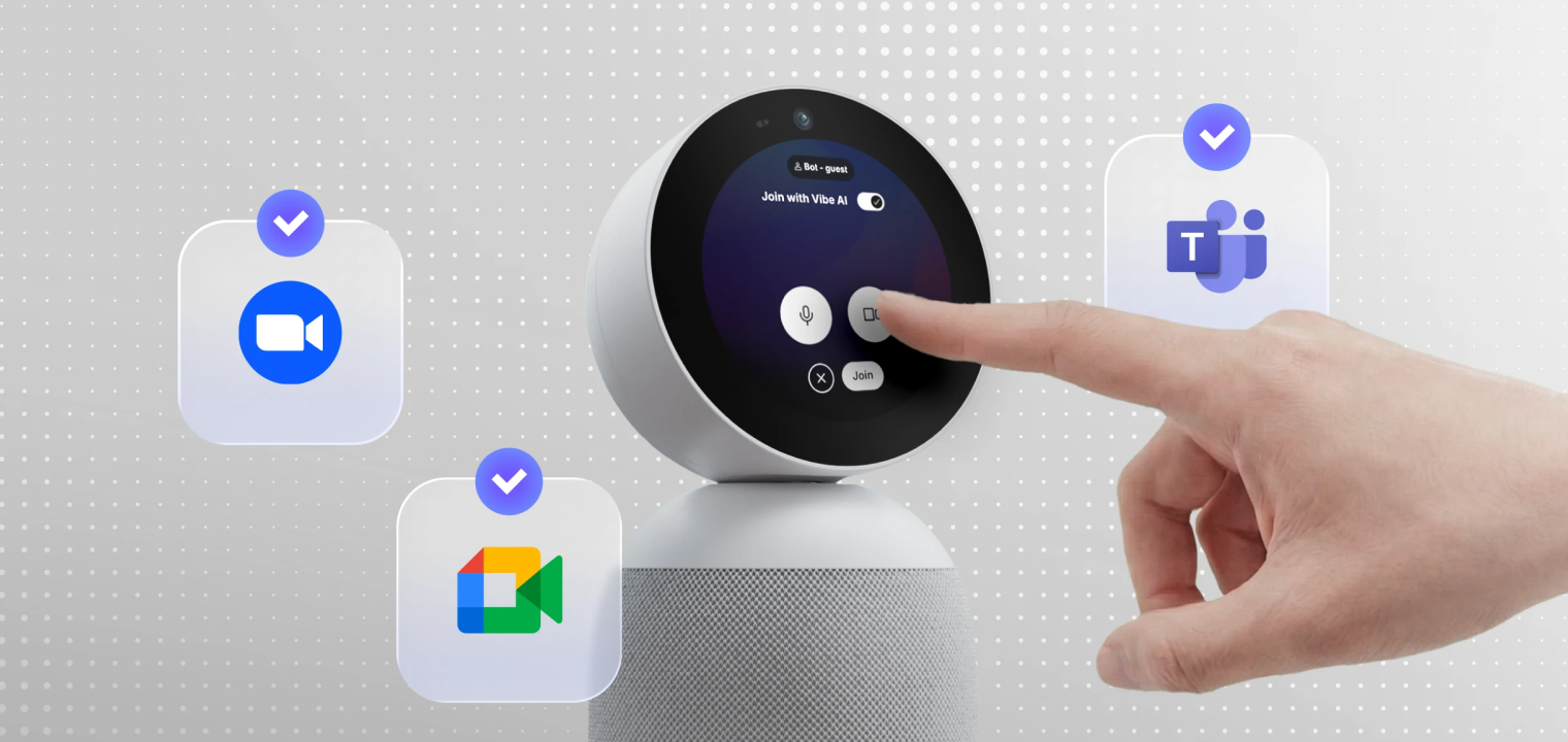 Vibe Bot, a meeting device that captures the room and delivers live notes, summaries, and action items.
