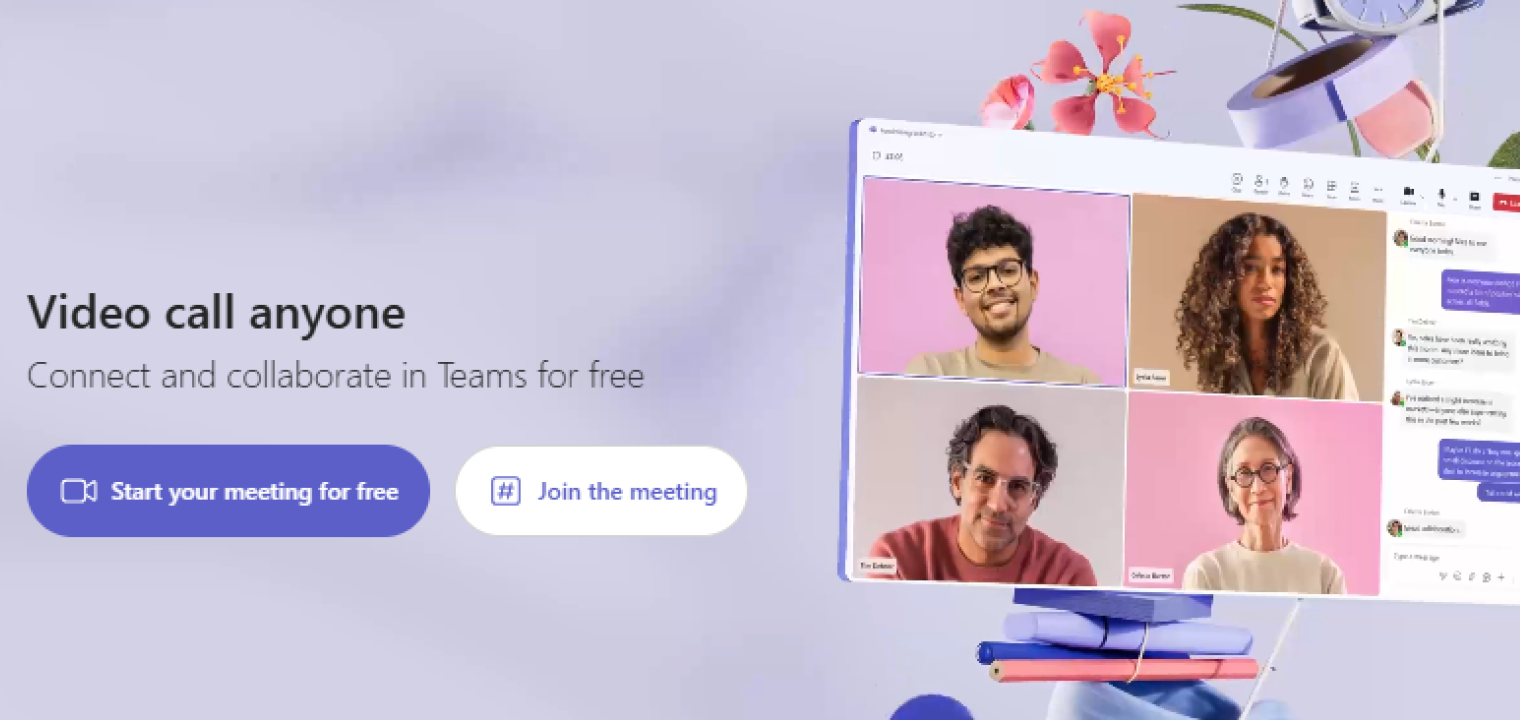 Screenshot of Microsoft Teams showcasing free video calls and real-time collaboration with chat, shared screens, and a clean interface for seamless team communication.