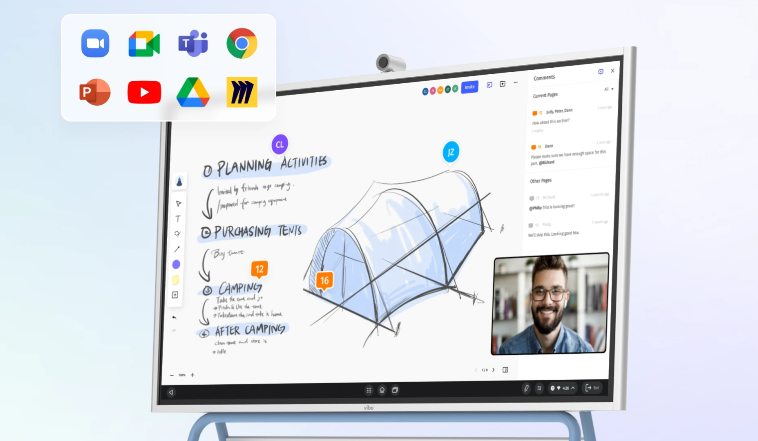 Vibe Board mounted on stand, featuring touchscreen display with collaboration interface.