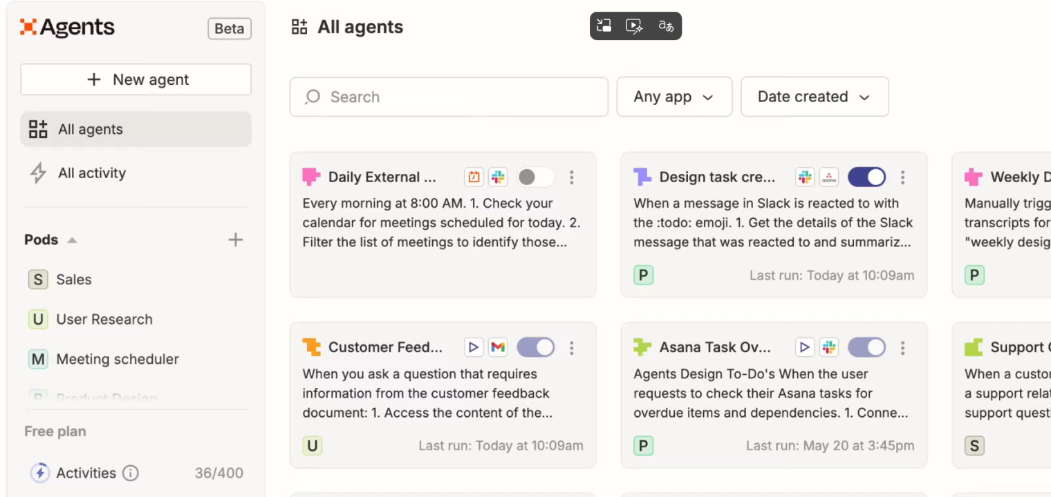 Zapier Agents interface displaying automated workflows, task automation, and AI-powered agents across apps like Slack and Asana.