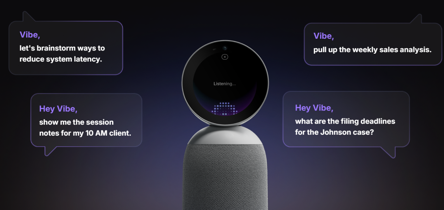 Vibe Bot, a 360° meeting device that captures the room and delivers live notes, summaries, and action items.