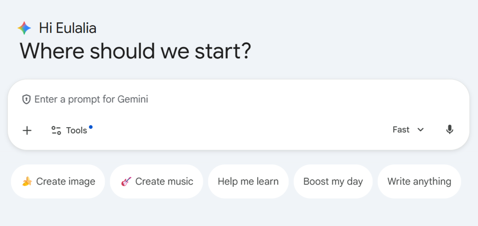 Gemini AI chat interface with prompt input and quick actions for image, music, learning, and writing.