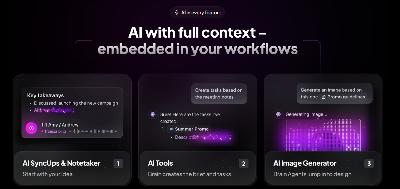 Screenshot of ClickUp's platform interface showing AI features.