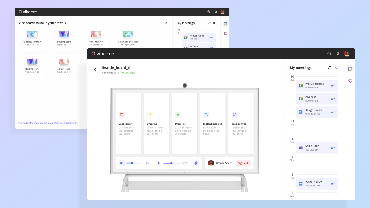 Using browser-based platforms to display content on the Vibe Board for flexible, app-free collaboration and presentations.