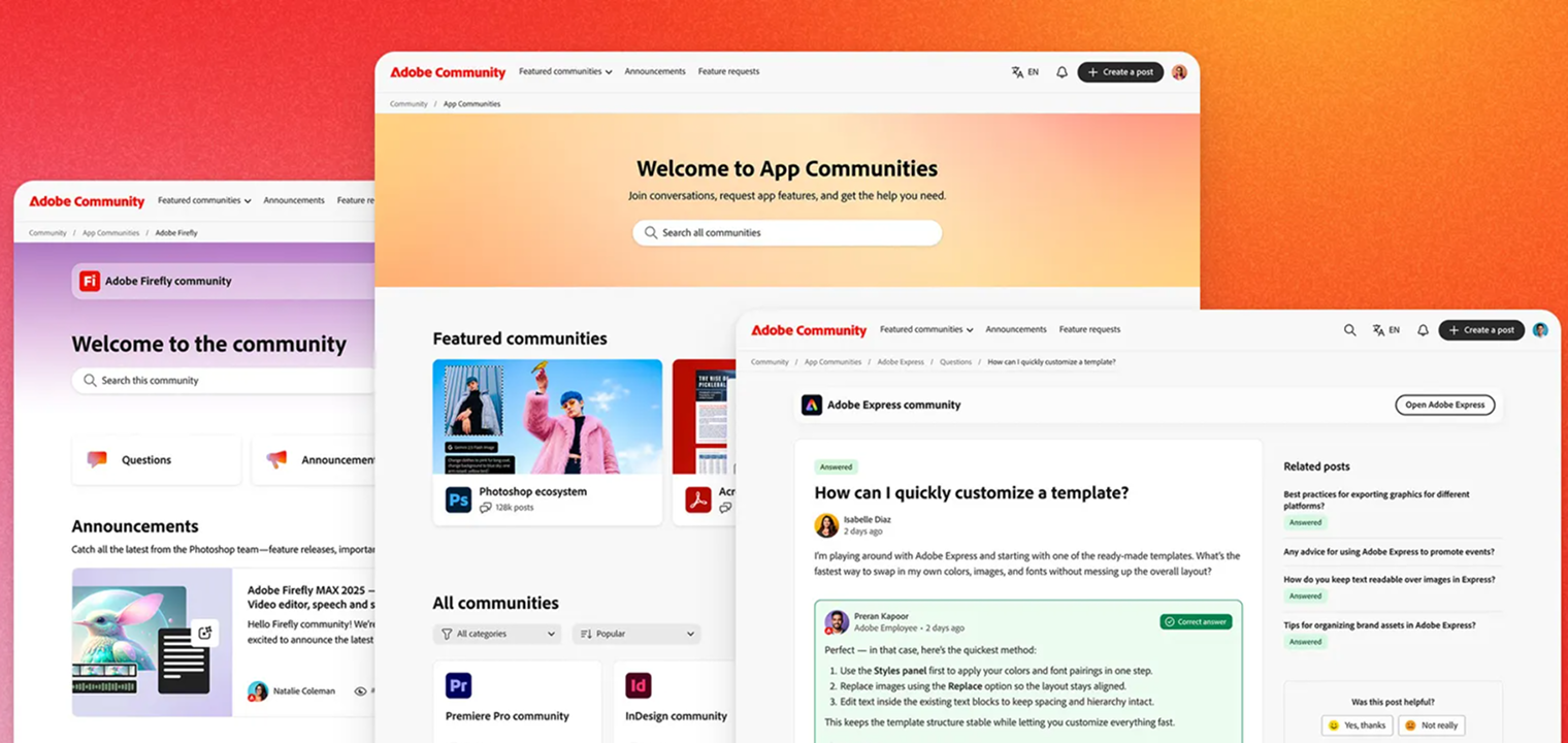 Screenshot of Adobe Community showcasing user forums, app-specific communities, and expert support for Photoshop, Express, Firefly, and other Adobe tools.