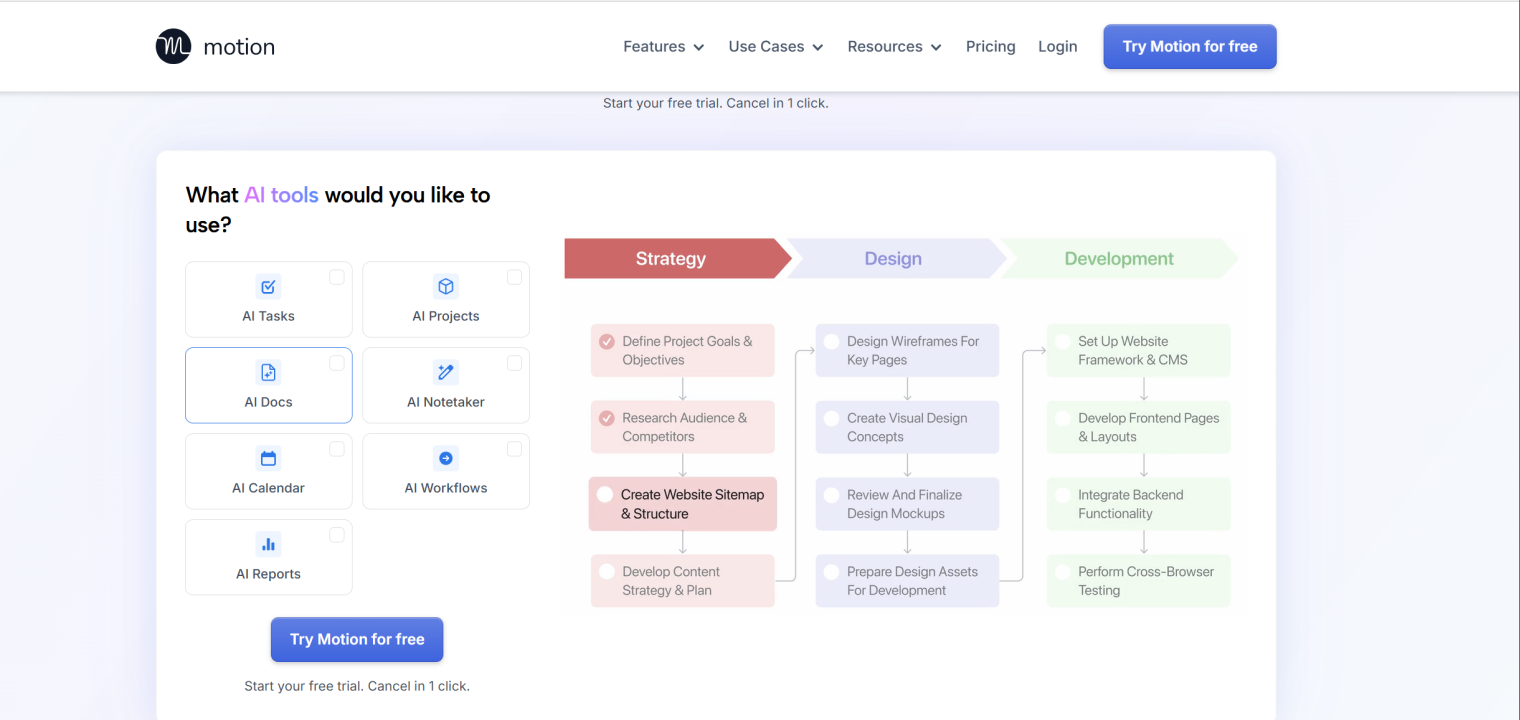 Motion interface showcasing AI-powered tools for project management, with a workflow from strategy to design and development.
