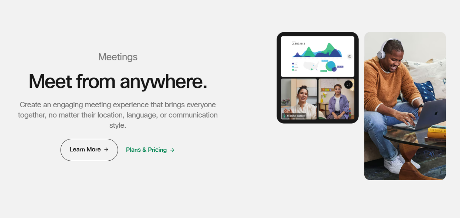 Screenshot of Webex's platform interface showing meeting solutions.