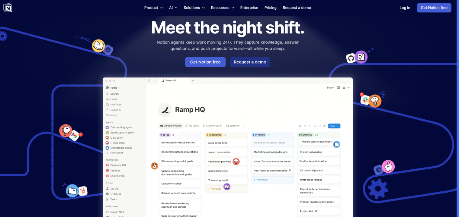 Notion interface showcasing AI agents automating tasks, managing workflows, and supporting team productivity with real-time updates.
