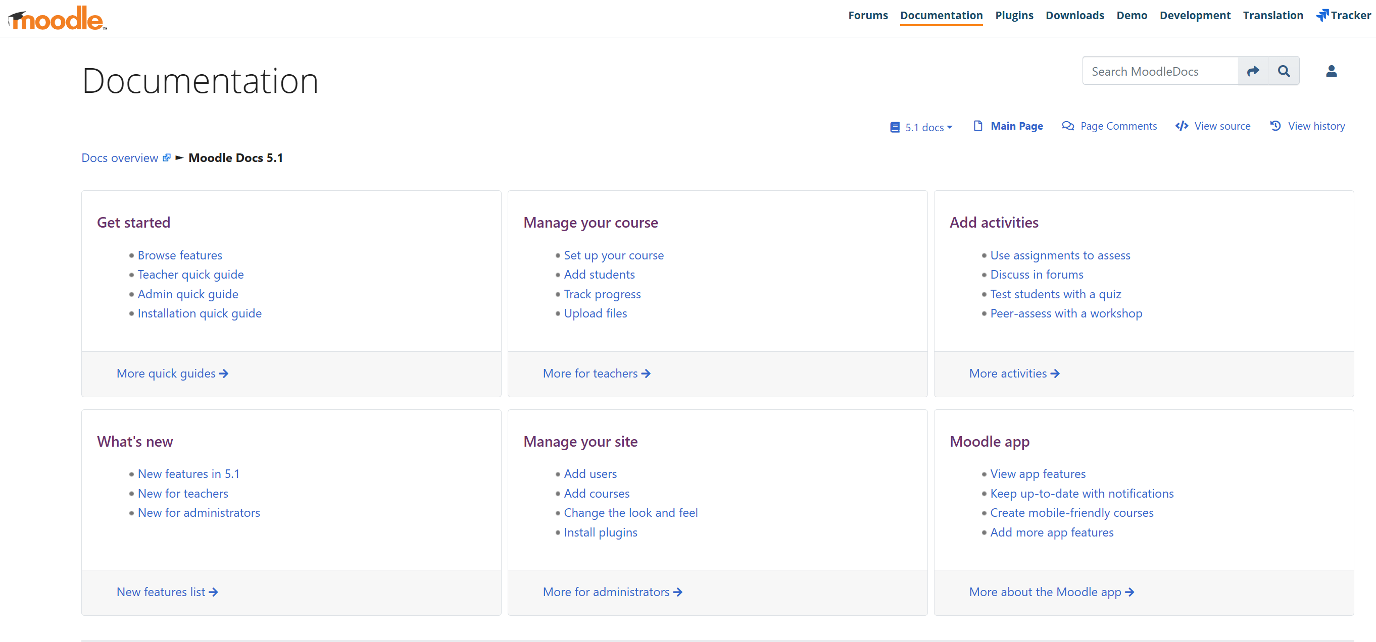 Screenshot of Moodle Documentation showcasing user guides, course management tools, activity setup options, and administrative features for educators and administrators.