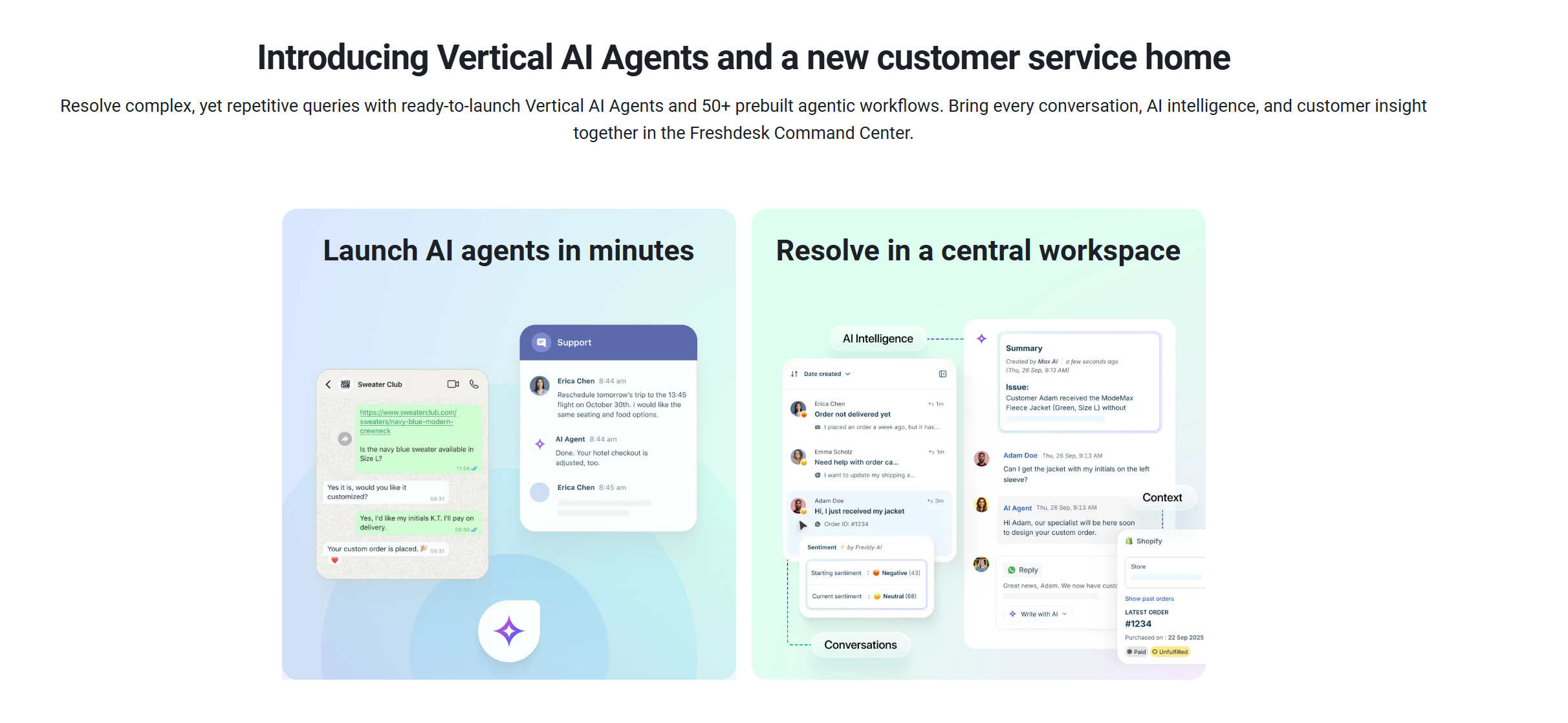 Screenshot of Freshdesk highlighting AI-powered customer service agents and a central workspace for efficient issue resolution.