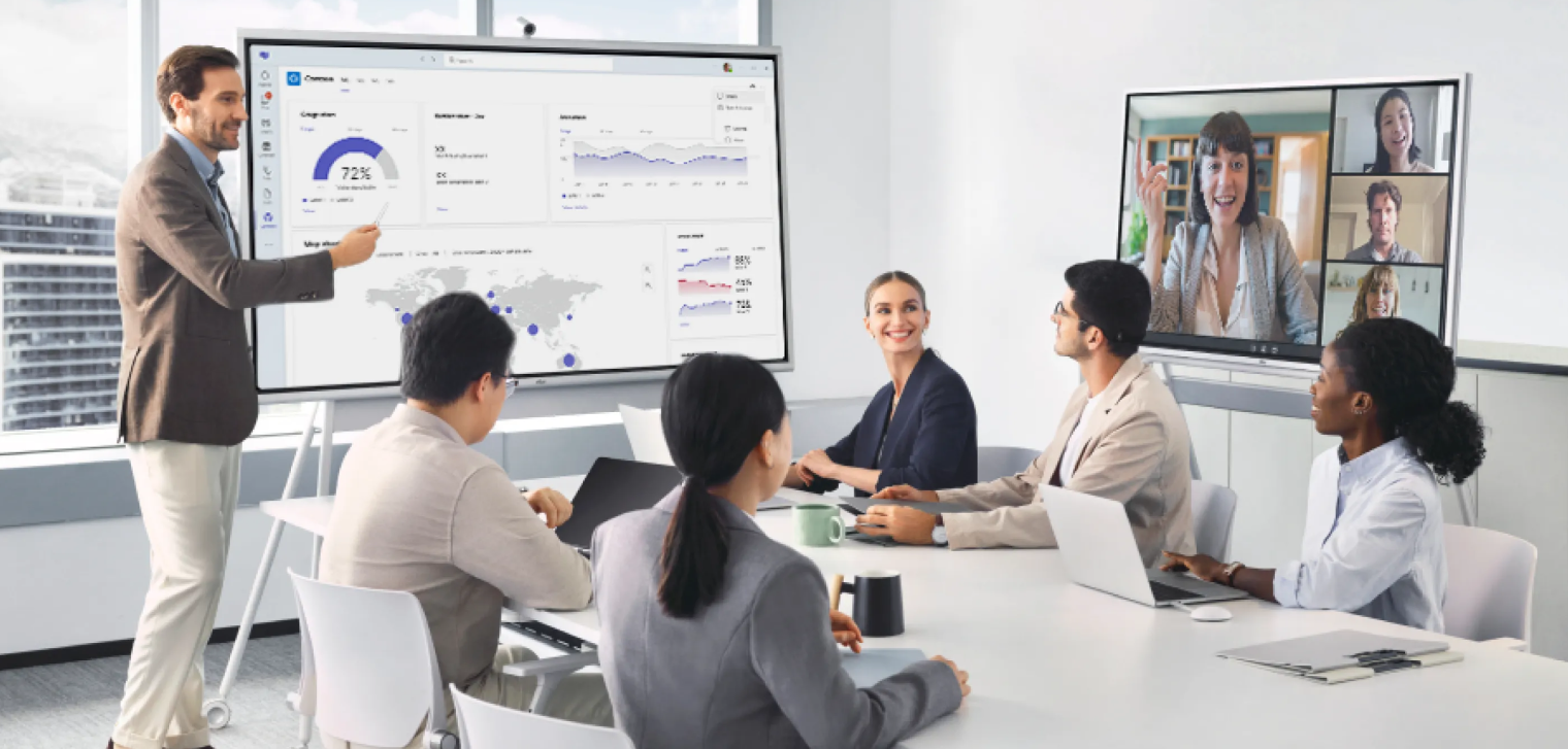 Team using the Vibe Board in a smart meeting room to enhance meeting effectiveness and convenience.