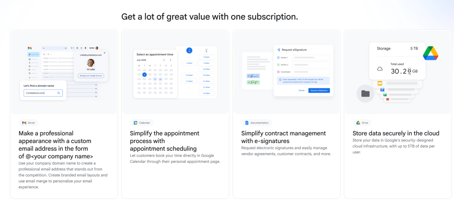 Screenshot of Google Workspace highlighting email, calendar, e-signatures, and cloud storage for organizations.