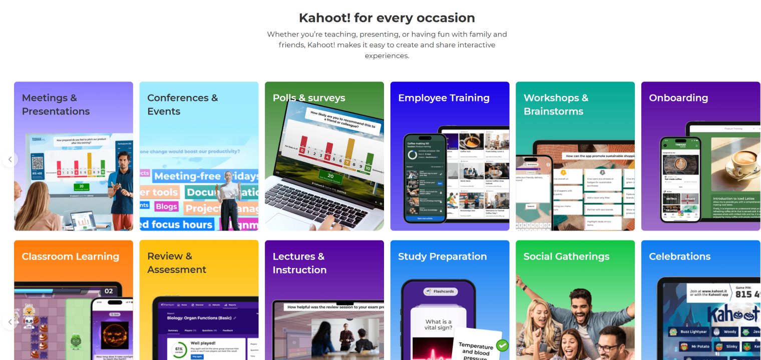 Screenshot of Kahoot! showcasing its versatile use across multiple scenarios, including classroom learning, employee training, meetings, events, and social gatherings, with interactive quizzes and real-time engagement.