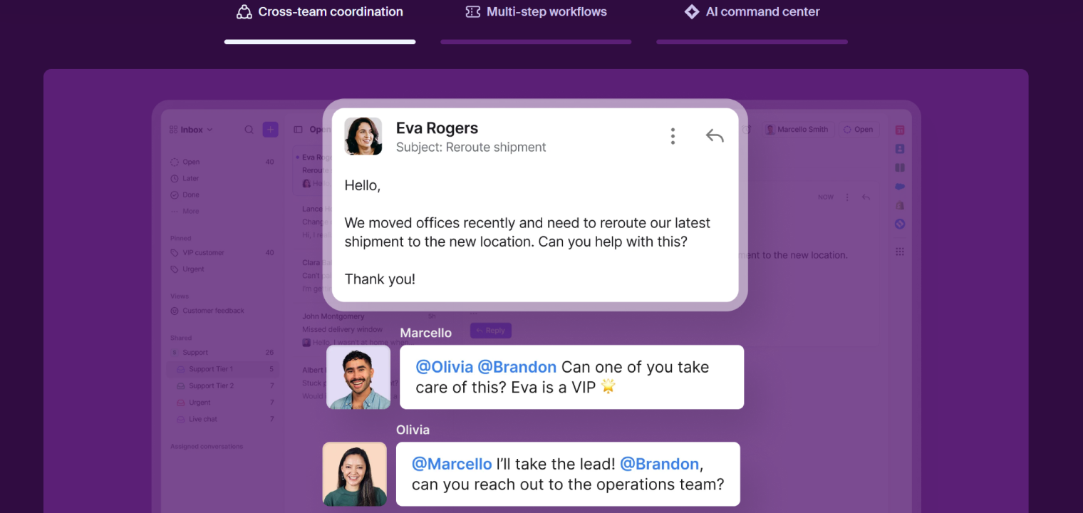 Screenshot of Front highlighting intelligent team collaboration and automated customer support workflows.