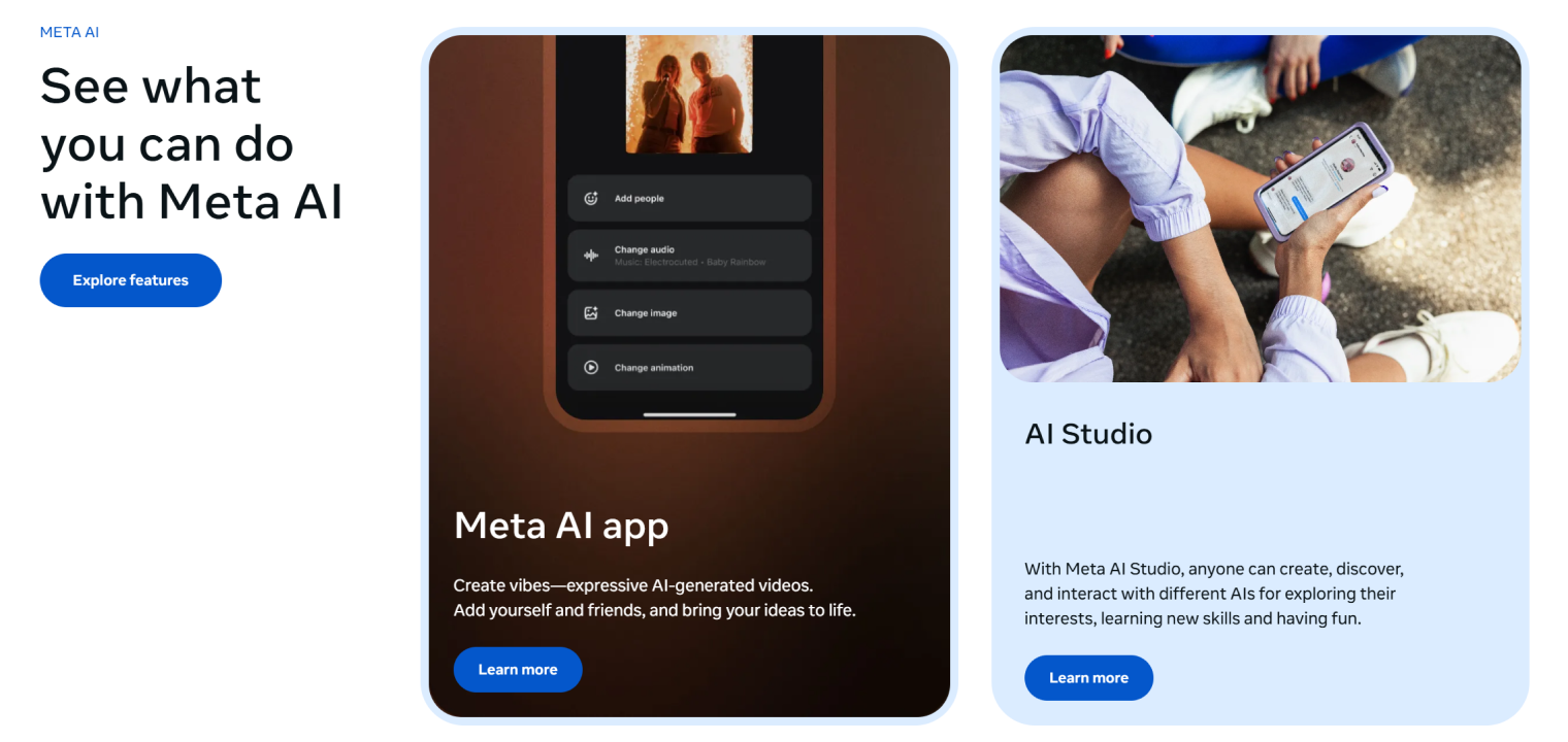 Meta AI interface showing tools for creating expressive AI-generated videos, including options to add people, change audio, modify images, and adjust animations