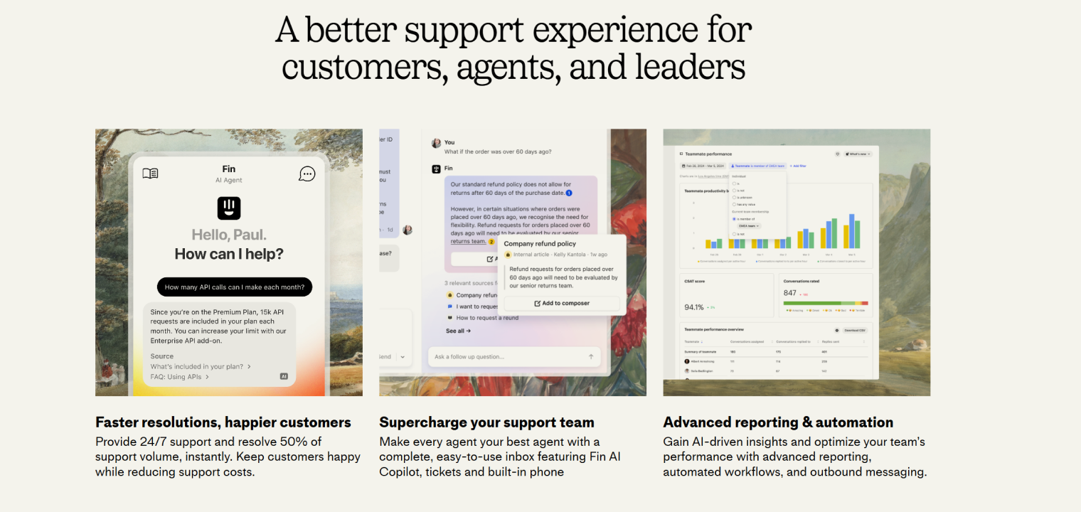 Screenshot of Intercom highlighting AI-driven support, agent productivity tools, and performance analytics.