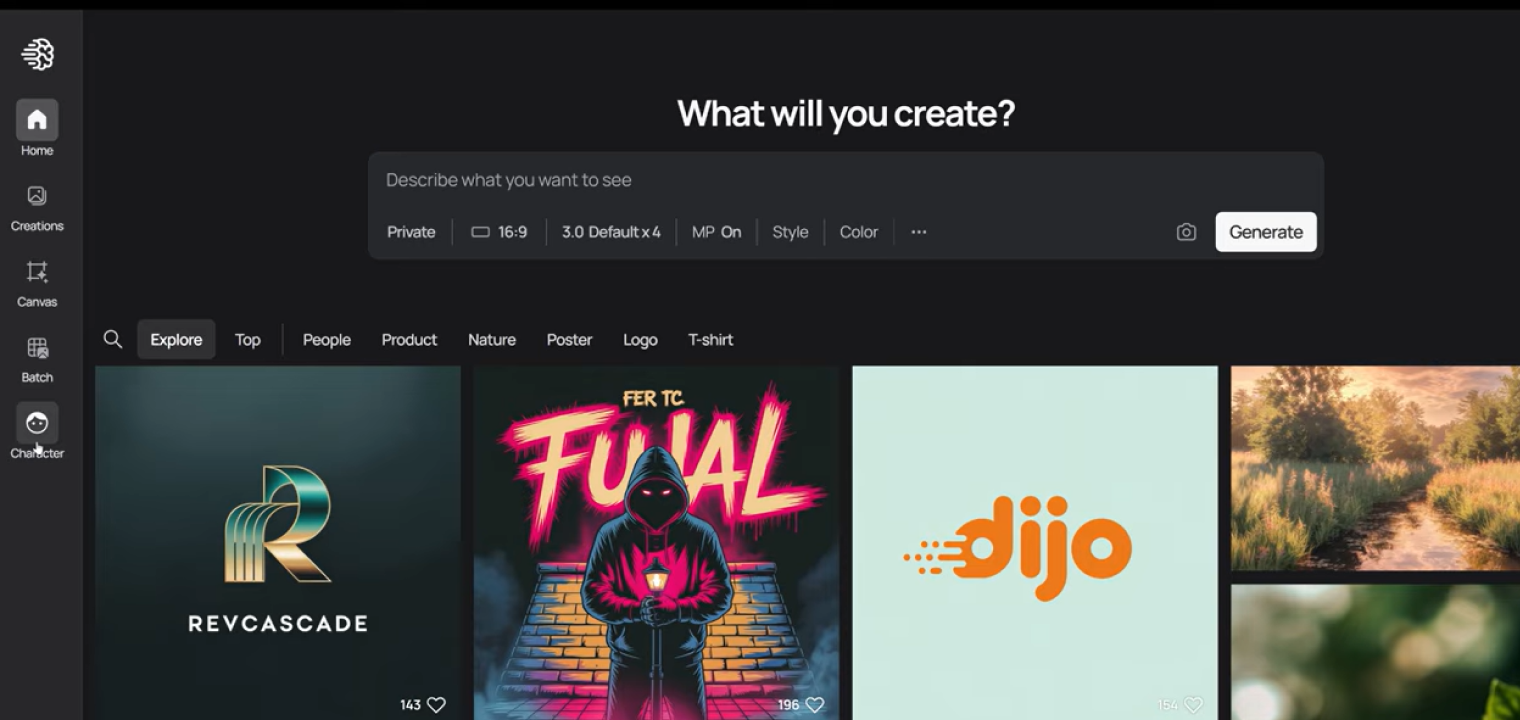 Ideogram interface for generating AI images, featuring a prompt input field and a gallery of creative outputs including logos, artwork, and scenes.