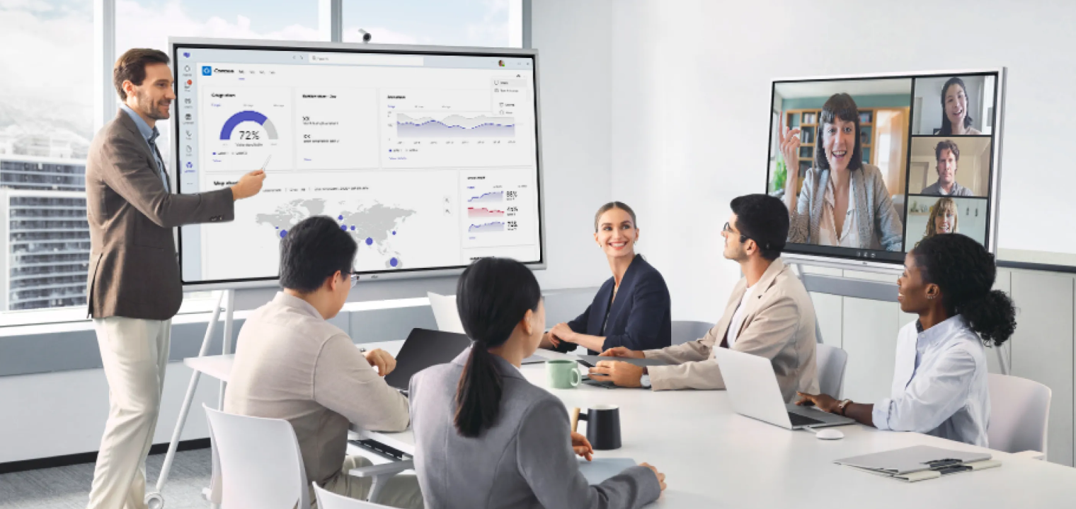 Team using the Vibe Board to conduct a smooth hybird meeting.