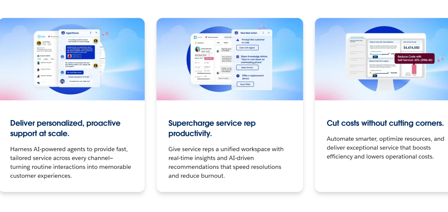 Screenshot of Salesforce Service Cloud showcasing AI-powered customer support features, including personalized agent assistance, real-time recommendations, and cost-saving automation.