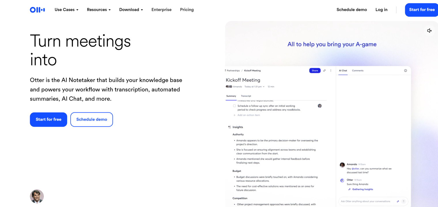 Otter interface displaying AI-powered meeting notes, automated summaries, and real-time chat with insights from transcribed conversations.