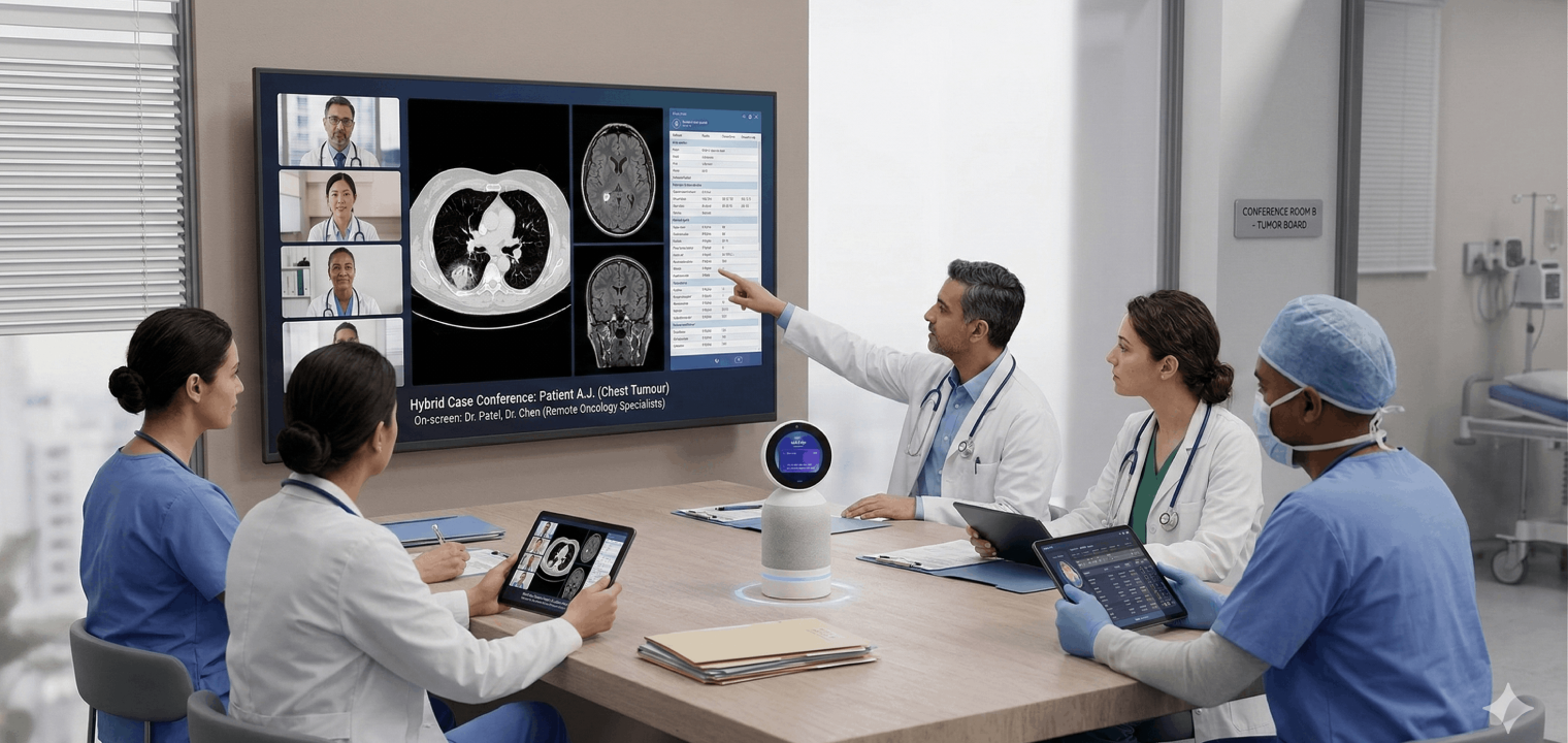 Vibe Bot in hybrid tumor board meetings with real-time video collaboration, AI-powered audio and visual support, and seamless integration for healthcare teams.