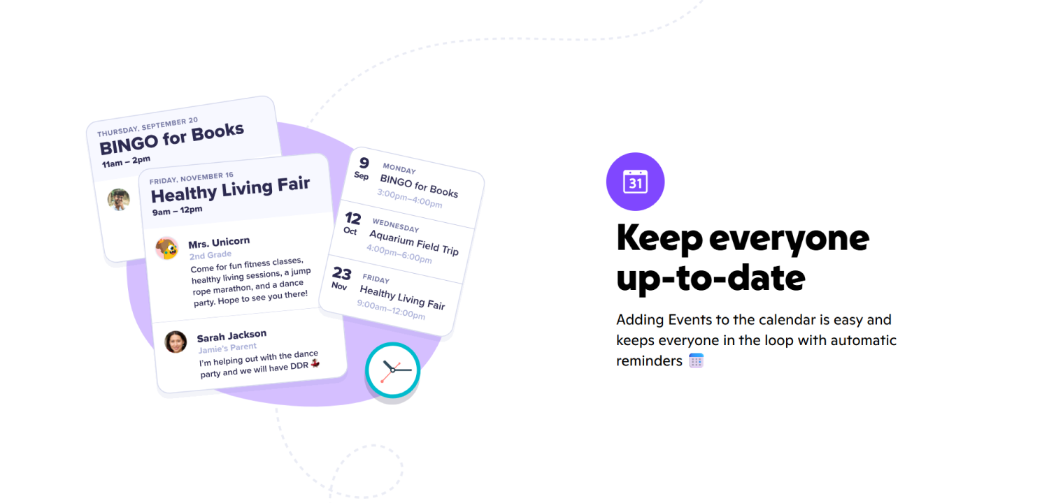 Screenshot of ClassDojo showcasing its school calendar feature, which helps teachers and parents stay informed with event updates, automatic reminders, and shared activity details.