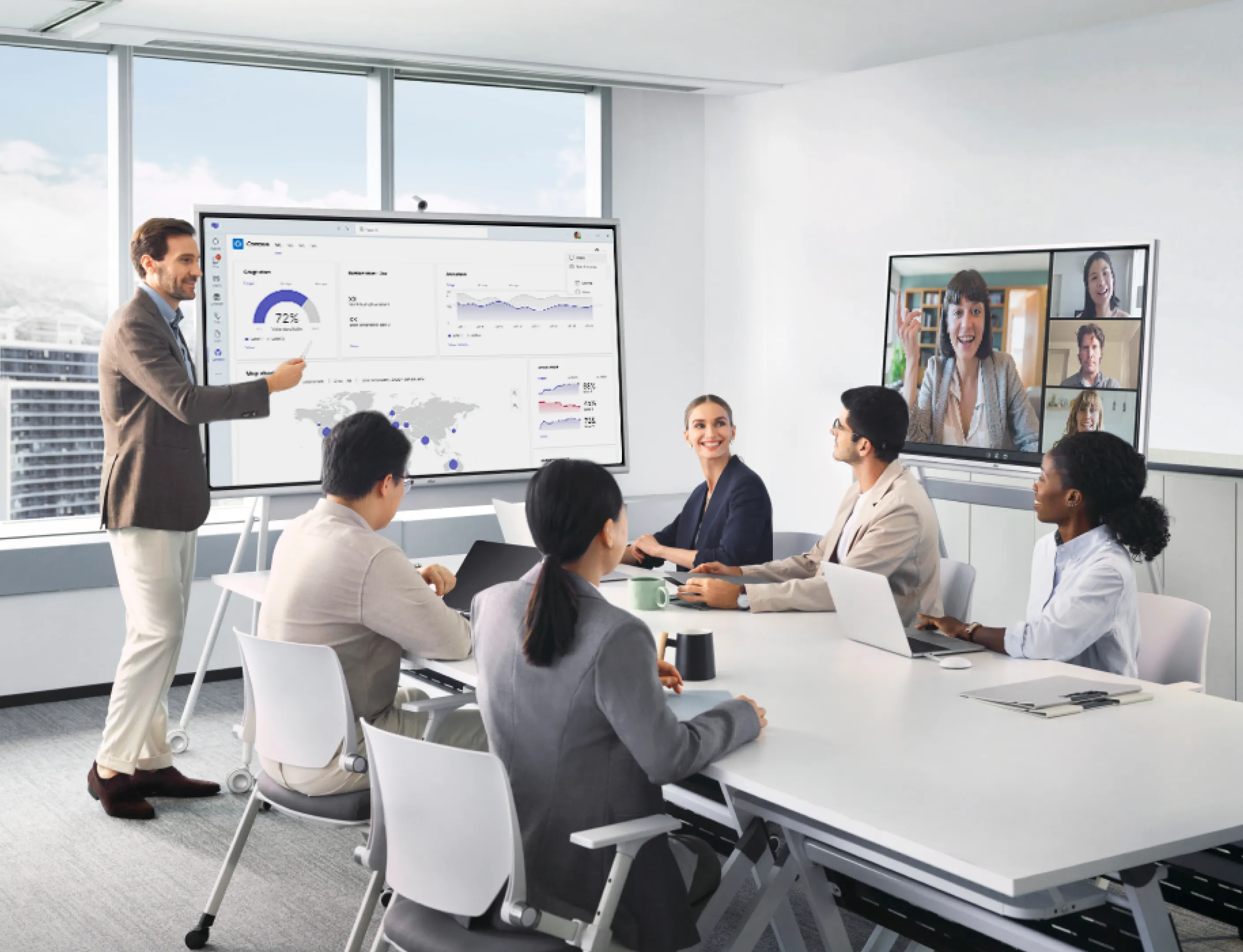 Team using Vibe Board S1 with OKR dashboard for a more efficient OKR process in a hybrid meeting.