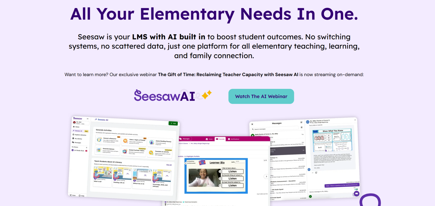 screenshot of Seesaw showcasing its all-in-one learning management system with built-in AI tools for elementary education, including activity generation, student engagement, and family communication.