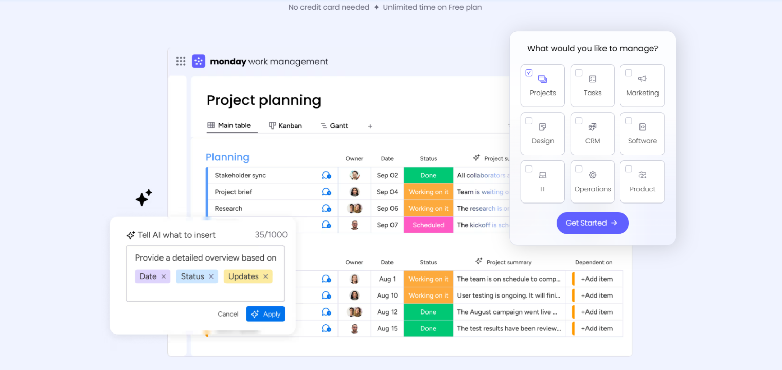 Screenshot of Monday's platform interface showing AI features.