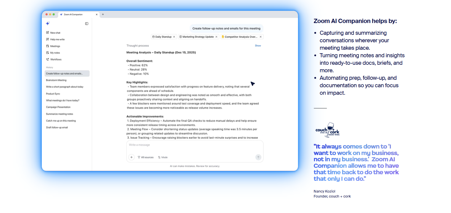 Screenshot of Zoom AI Companion highlighting AI-powered meeting notes, insights, and automated follow-ups.