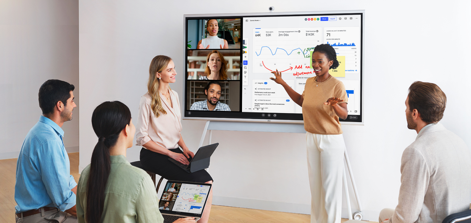 Team using a Vibe Board to collaborate in a hybrid meeting.
